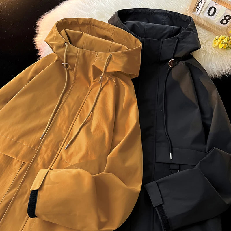 Men's Outdoor Jacket Classic Solid Color Hooded Jacket Plus Size Loose Waterproof Windbreaker Casual Man Women Coat
