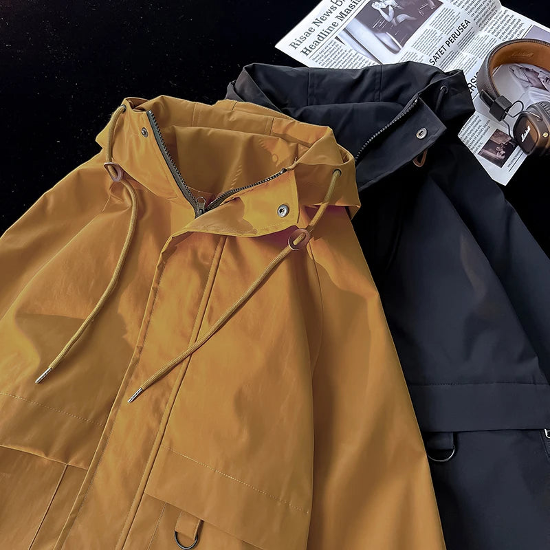 Men's Outdoor Jacket Classic Solid Color Hooded Jacket Plus Size Loose Waterproof Windbreaker Casual Man Women Coat