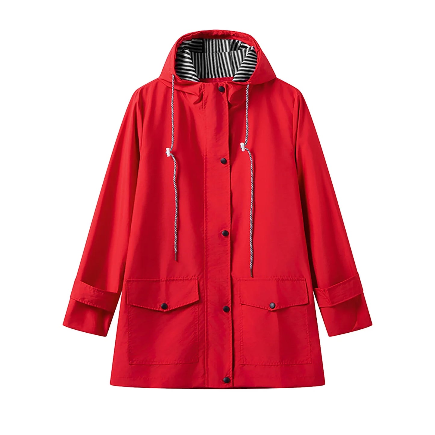 Solid Rain Jacket For Women Autumn Winter Striped Simple Style Drawstring Rain Jacket Plus Size Waterproof Anoraks Outerwear