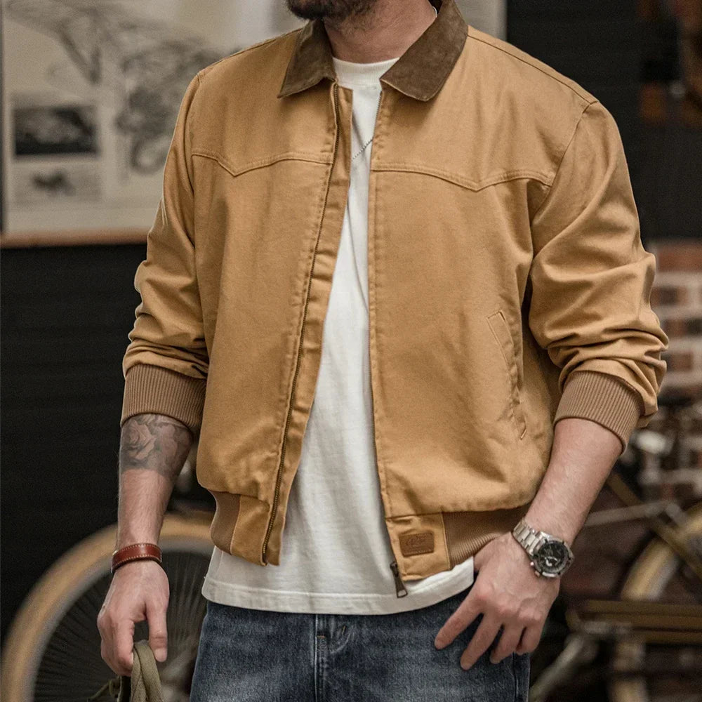 Maden Retro Heavyweight Santafe Canvas Jackets Cotton Corduroy Lapel Ribbed Hem Cuffs Short Jacket for Men's Autumn Overcoat
