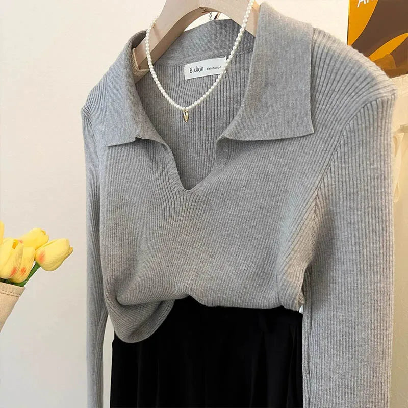 Women Clothing Vintage Fashion Solid Turn-down Collar Pullovers Autumn Winter Casual Long Sleeve Knit Top Elegant Chic Sweaters