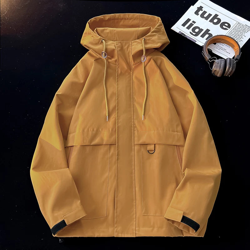 Men's Outdoor Jacket Classic Solid Color Hooded Jacket Plus Size Loose Waterproof Windbreaker Casual Man Women Coat