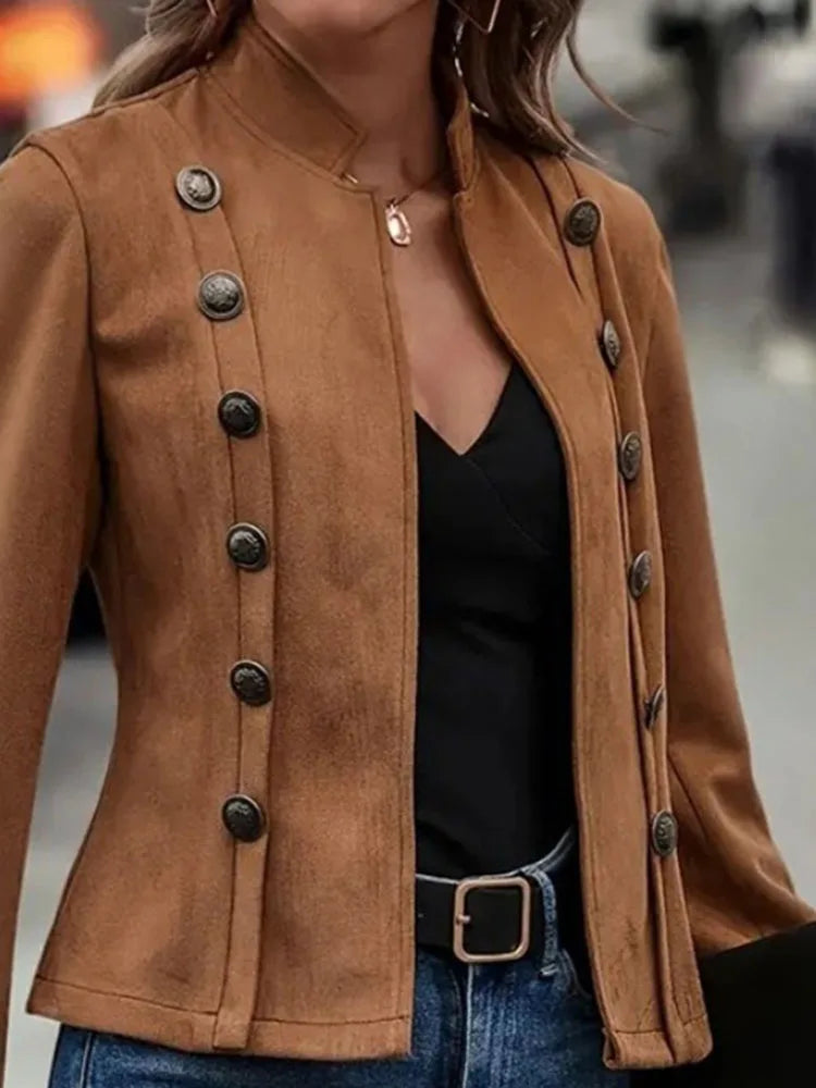 Vintage Women's Black Jacket Coat Fall Winter Casual Double-breasted New Deerskin Long-sleeve Fashion Jackets Women Clothing