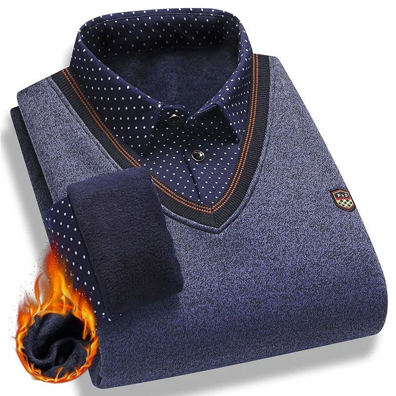 Lilyleeds| Men's faux two-piece fleece sweater - winter warm polo pullover