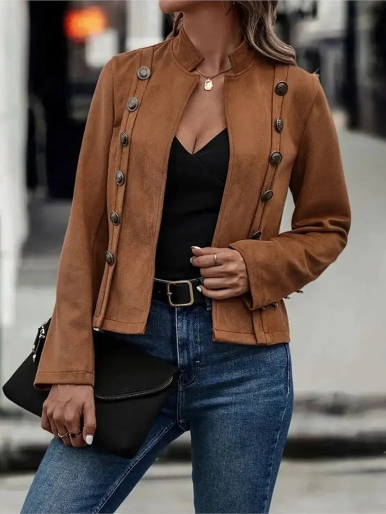 Vintage Women's Black Jacket Coat Fall Winter Casual Double-breasted New Deerskin Long-sleeve Fashion Jackets Women Clothing