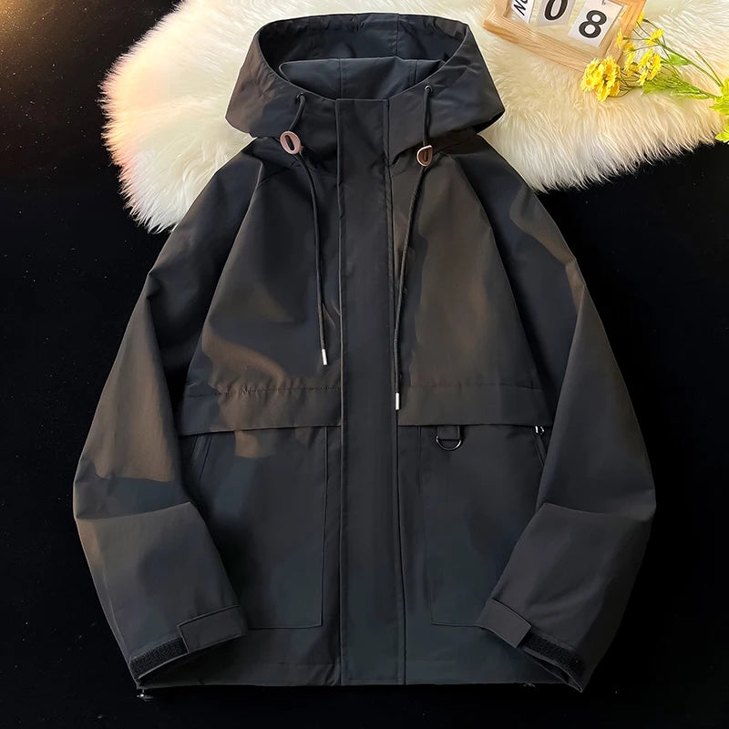Men's Outdoor Jacket Classic Solid Color Hooded Jacket Plus Size Loose Waterproof Windbreaker Casual Man Women Coat