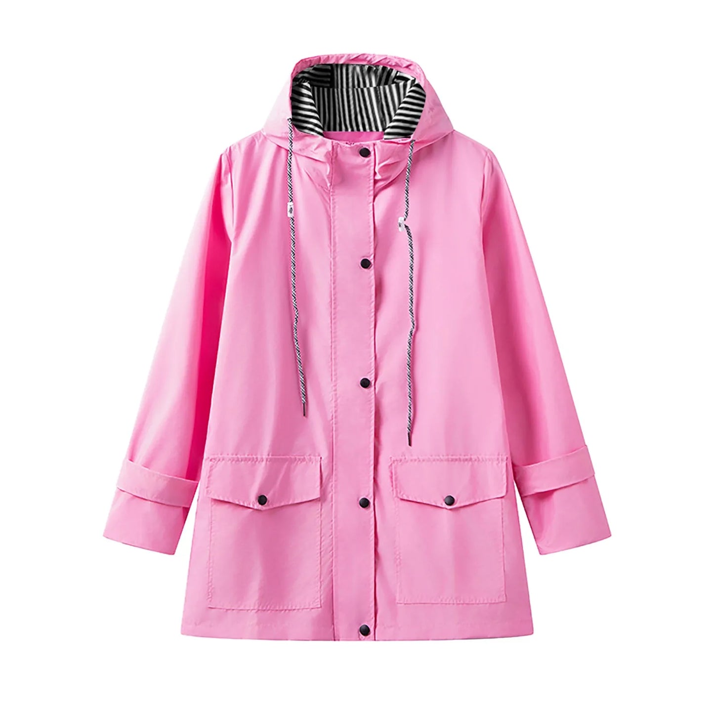 Solid Rain Jacket For Women Autumn Winter Striped Simple Style Drawstring Rain Jacket Plus Size Waterproof Anoraks Outerwear