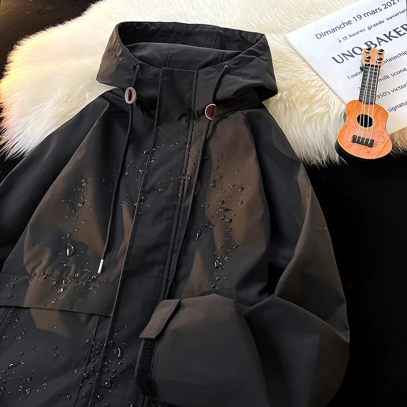 Men's Outdoor Jacket Classic Solid Color Hooded Jacket Plus Size Loose Waterproof Windbreaker Casual Man Women Coat