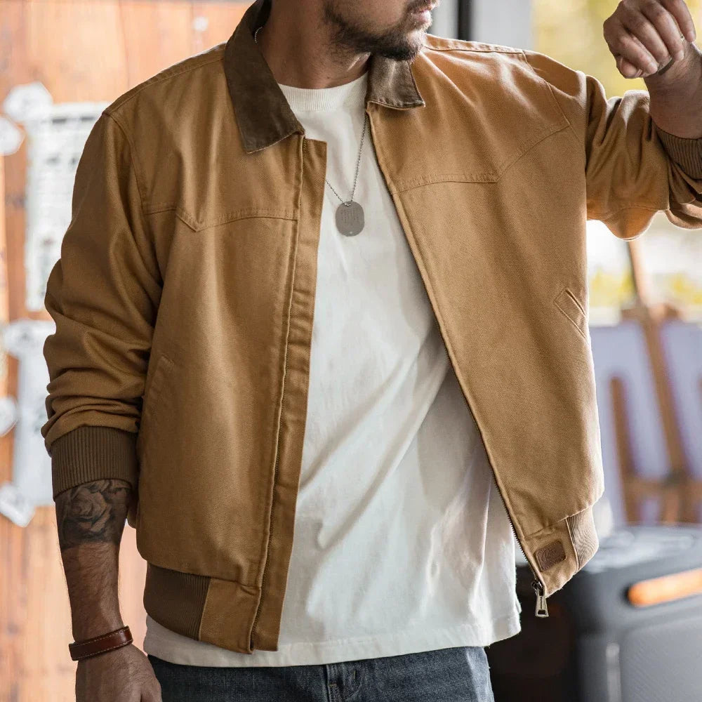 Maden Retro Heavyweight Santafe Canvas Jackets Cotton Corduroy Lapel Ribbed Hem Cuffs Short Jacket for Men's Autumn Overcoat