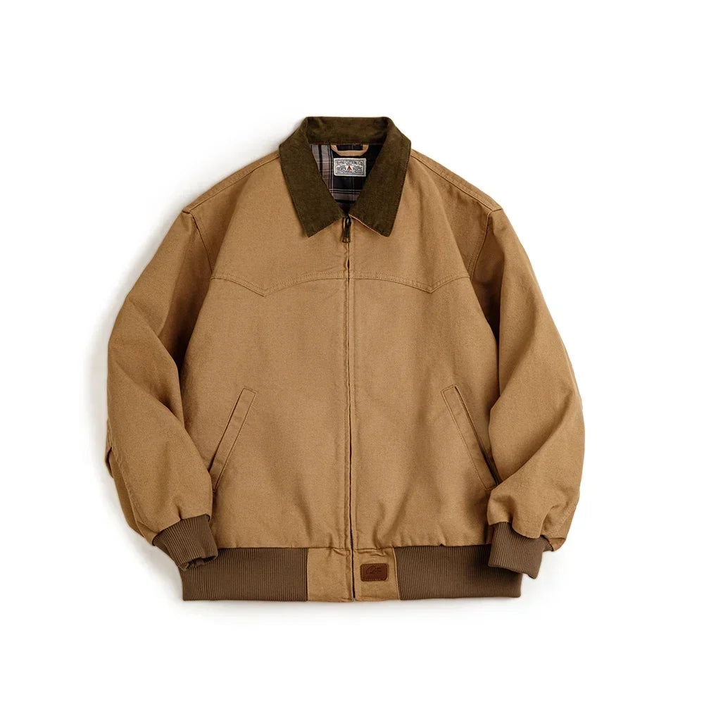 Maden Retro Heavyweight Santafe Canvas Jackets Cotton Corduroy Lapel Ribbed Hem Cuffs Short Jacket for Men's Autumn Overcoat