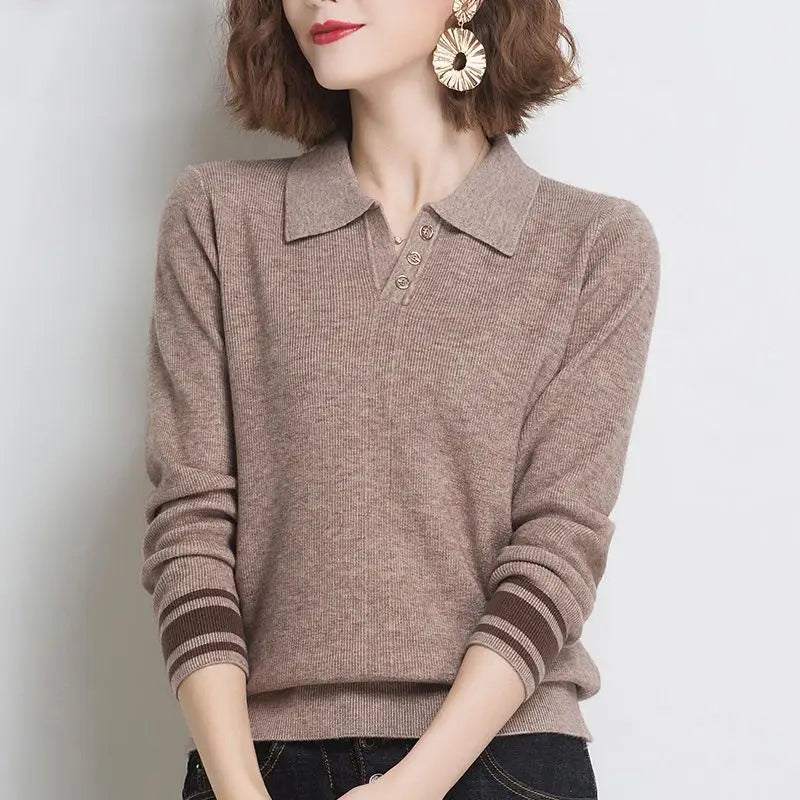 Autumn Winter New Striped Patchwork Knitted Sweaters Long Sleeve Polo Neck Loose Vintage Pullovers Fashion Office Women Clothing