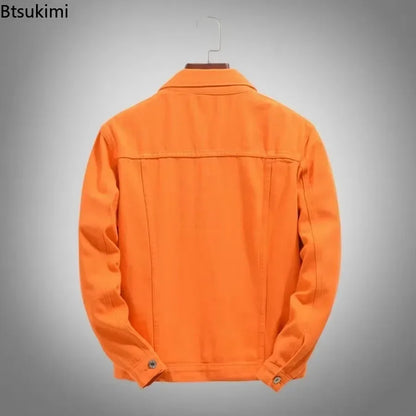 2025 Hot Sale Men's Casual Denim Jacket Korean Style Loose Cotton Handsome Tops Trend Orange Lapel Hip Hop Jean Jacket Plus Size