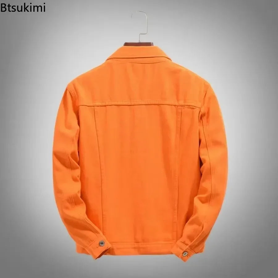 2025 Hot Sale Men's Casual Denim Jacket Korean Style Loose Cotton Handsome Tops Trend Orange Lapel Hip Hop Jean Jacket Plus Size