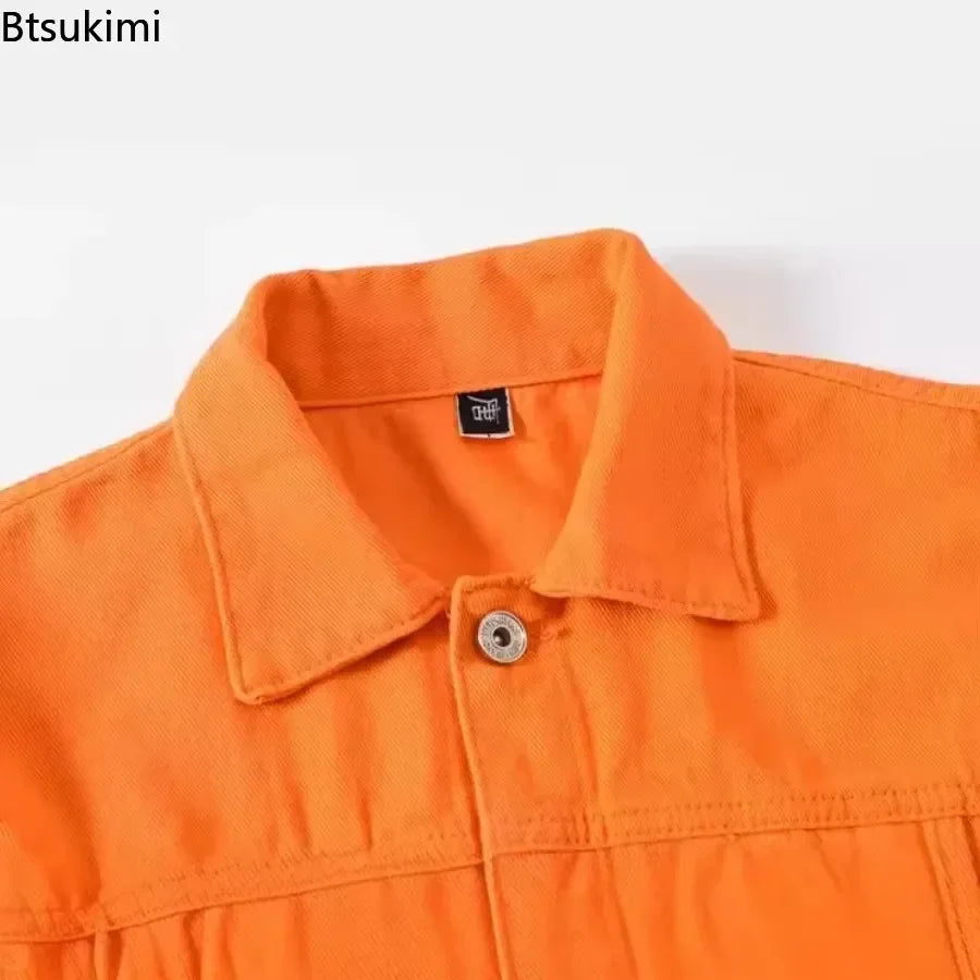 2025 Hot Sale Men's Casual Denim Jacket Korean Style Loose Cotton Handsome Tops Trend Orange Lapel Hip Hop Jean Jacket Plus Size