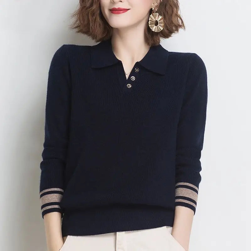 Autumn Winter New Striped Patchwork Knitted Sweaters Long Sleeve Polo Neck Loose Vintage Pullovers Fashion Office Women Clothing