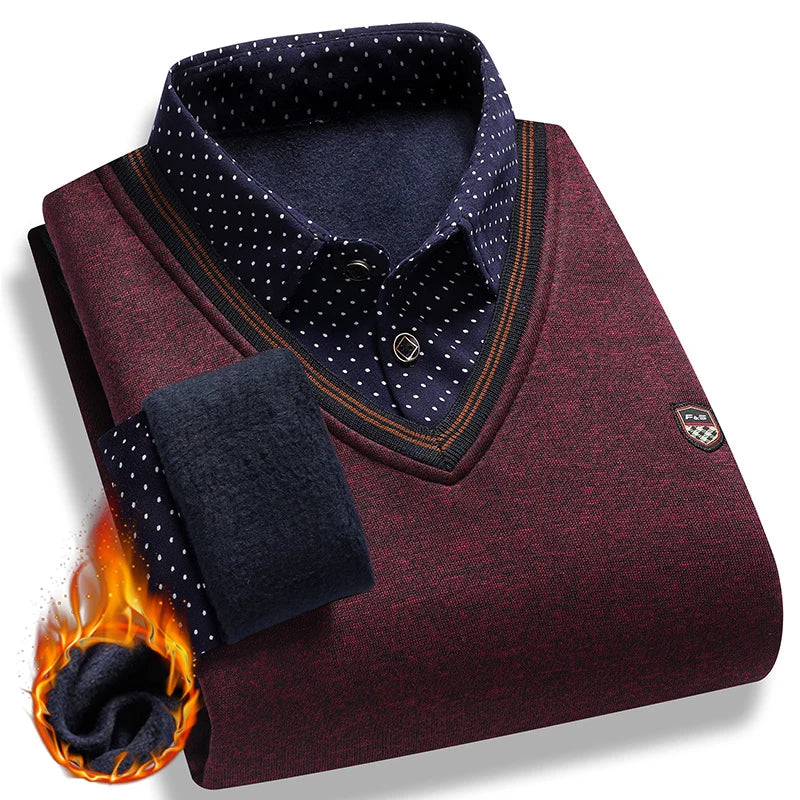Lilyleeds| Men's faux two-piece fleece sweater - winter warm polo pullover