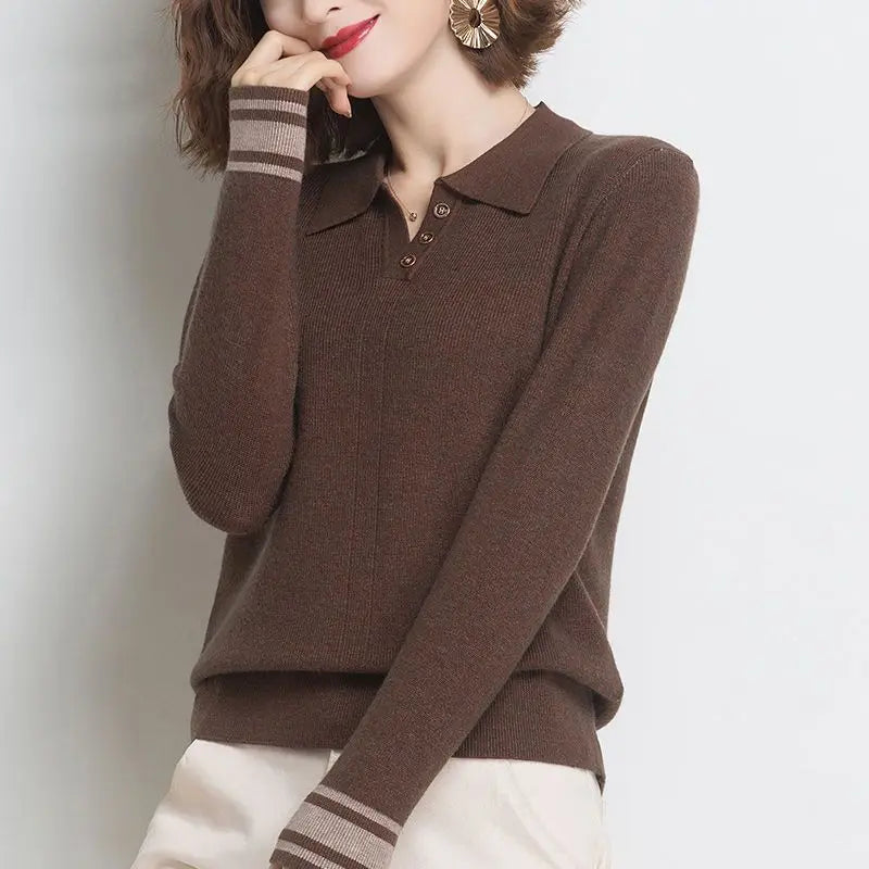 Autumn Winter New Striped Patchwork Knitted Sweaters Long Sleeve Polo Neck Loose Vintage Pullovers Fashion Office Women Clothing