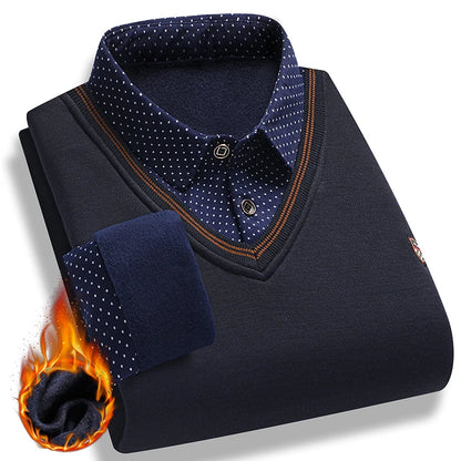 Lilyleeds| Men's faux two-piece fleece sweater - winter warm polo pullover