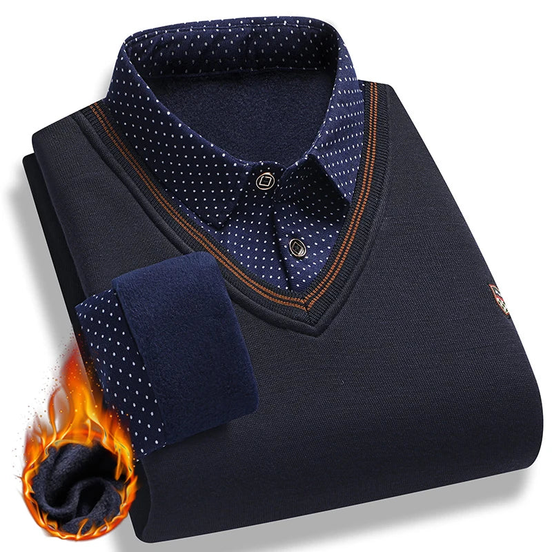 Lilyleeds| Men's faux two-piece fleece sweater - winter warm polo pullover
