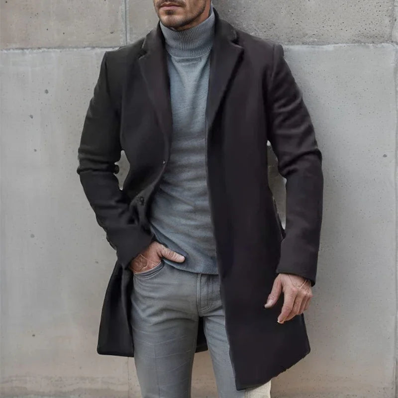 Fashionable Single Breasted Woolen Mid Jacket Men Autumn Winter Vintage Turn-down Collar Solid Color Overcoats Mens Outerwear
