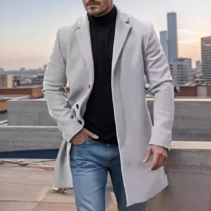 Fashionable Single Breasted Woolen Mid Jacket Men Autumn Winter Vintage Turn-down Collar Solid Color Overcoats Mens Outerwear