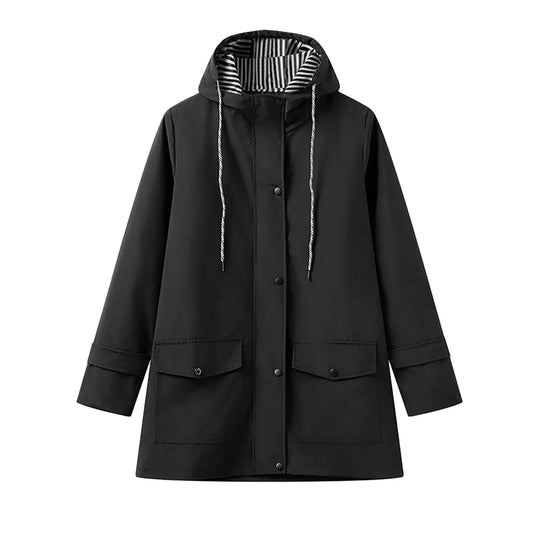 Solid Rain Jacket For Women Autumn Winter Striped Simple Style Drawstring Rain Jacket Plus Size Waterproof Anoraks Outerwear