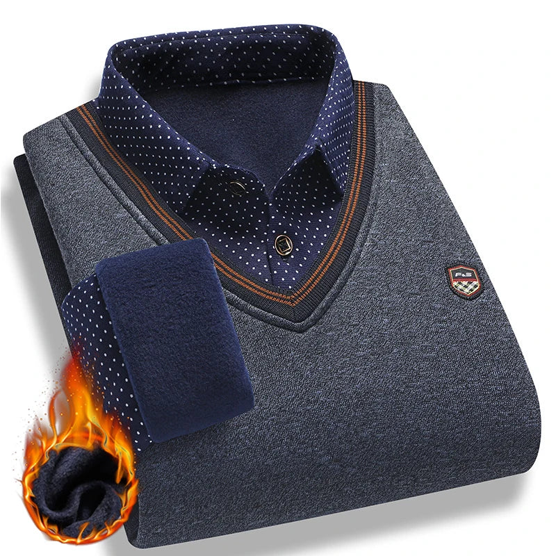 Lilyleeds| Men's faux two-piece fleece sweater - winter warm polo pullover