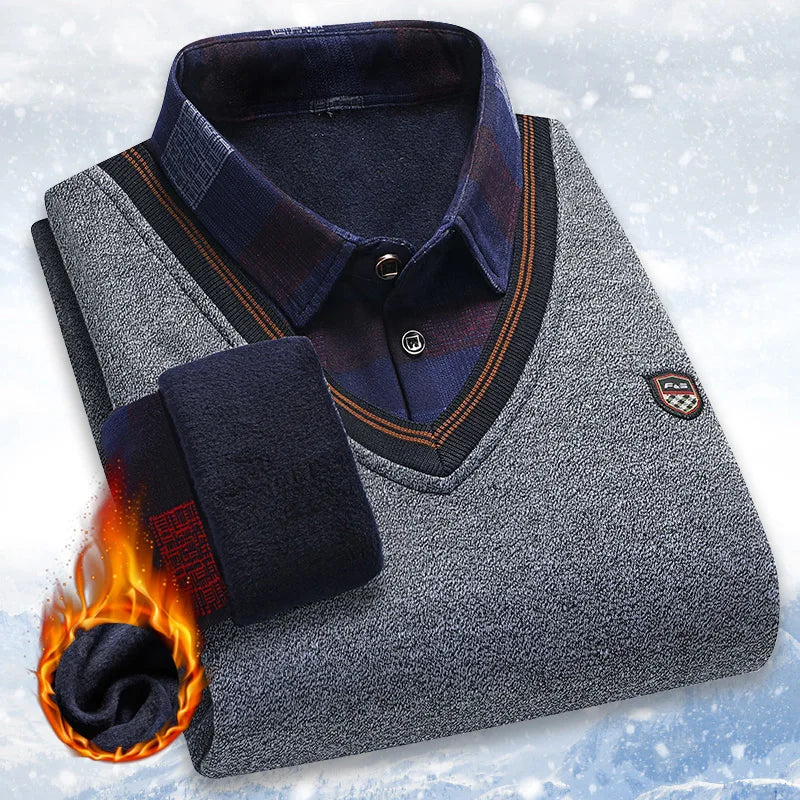 Lilyleeds| Men's faux two-piece fleece sweater - winter warm polo pullover