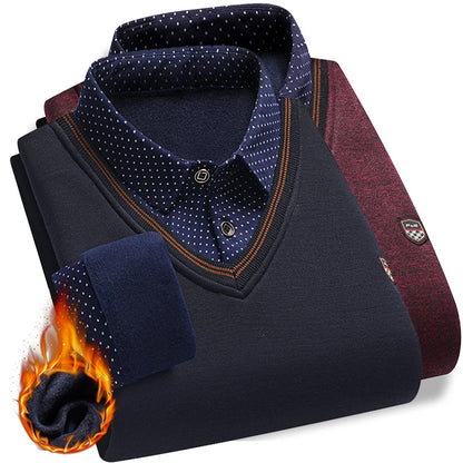 Lilyleeds| Men's faux two-piece fleece sweater - winter warm polo pullover