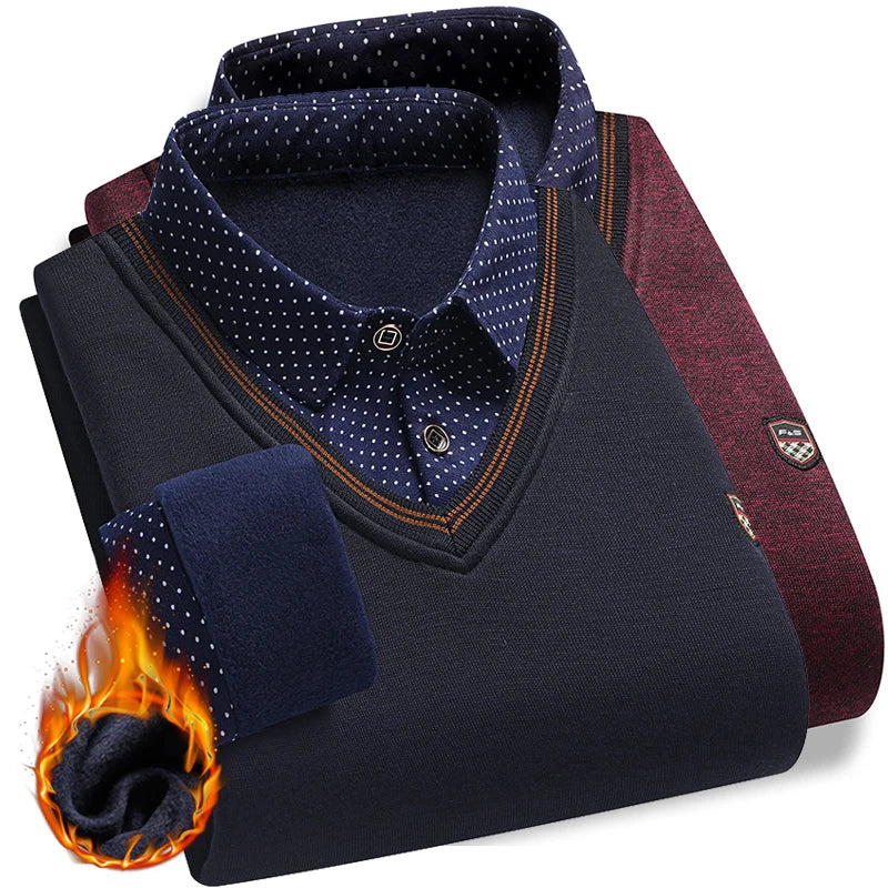 Lilyleeds| Men's faux two-piece fleece sweater - winter warm polo pullover