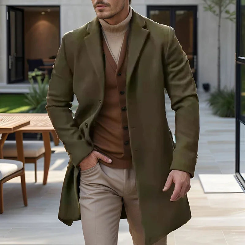 Fashionable Single Breasted Woolen Mid Jacket Men Autumn Winter Vintage Turn-down Collar Solid Color Overcoats Mens Outerwear