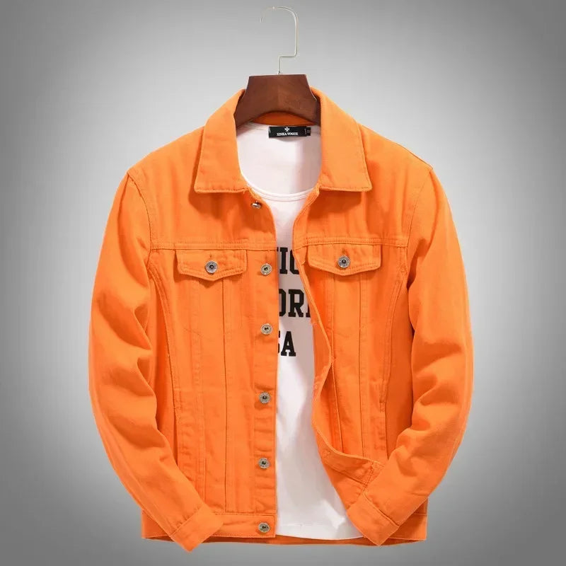 2025 Hot Sale Men's Casual Denim Jacket Korean Style Loose Cotton Handsome Tops Trend Orange Lapel Hip Hop Jean Jacket Plus Size