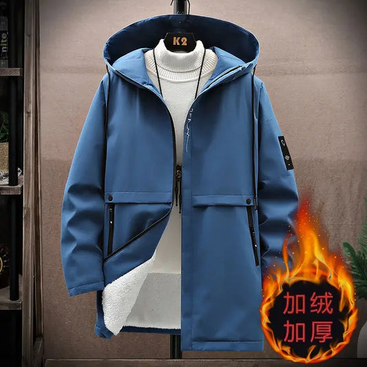 Windbreake Hooded Jacket Warm Fleece Thickened Medium Length Outdoor Overcoats Outwear Parkas Outdoor Men Windproof Outerwear