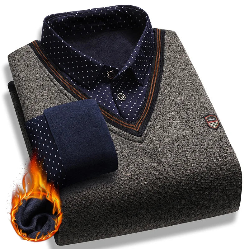 Lilyleeds| Men's faux two-piece fleece sweater - winter warm polo pullover