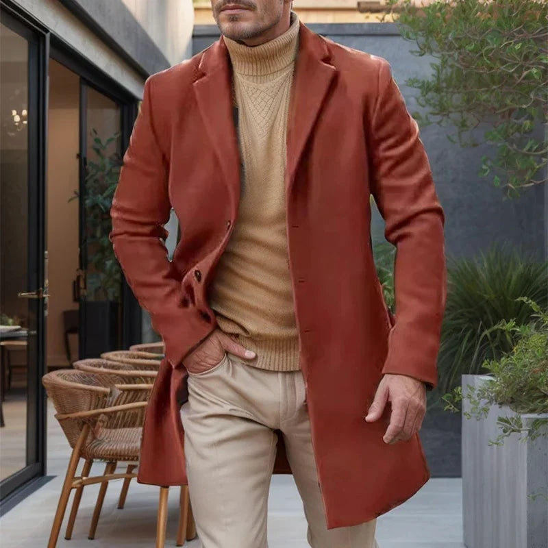 Fashionable Single Breasted Woolen Mid Jacket Men Autumn Winter Vintage Turn-down Collar Solid Color Overcoats Mens Outerwear