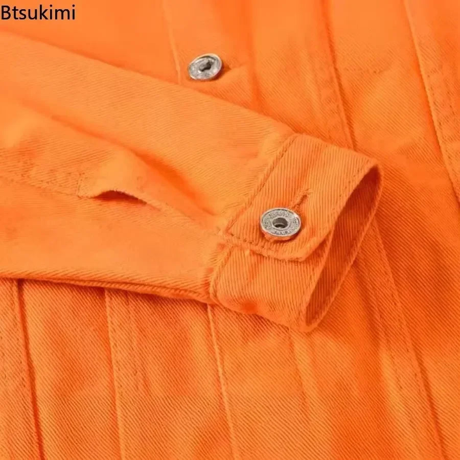 2025 Hot Sale Men's Casual Denim Jacket Korean Style Loose Cotton Handsome Tops Trend Orange Lapel Hip Hop Jean Jacket Plus Size