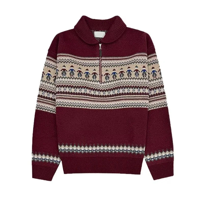 Winter Fair Isle Half Zip Polo Neck Sweaters For Men Y2K Vintage Christmas Knitted Pullovers 2025 New Red Knitwear Man jersey