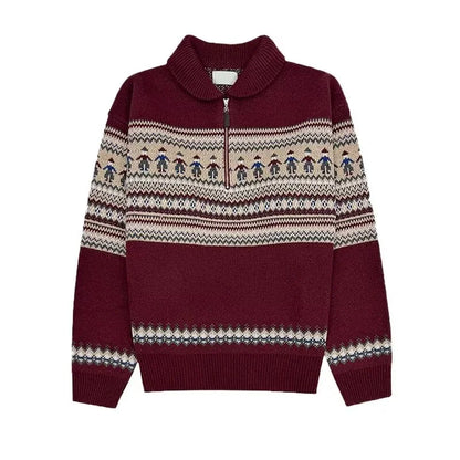 Winter Fair Isle Half Zip Polo Neck Sweaters For Men Y2K Vintage Christmas Knitted Pullovers 2025 New Red Knitwear Man jersey