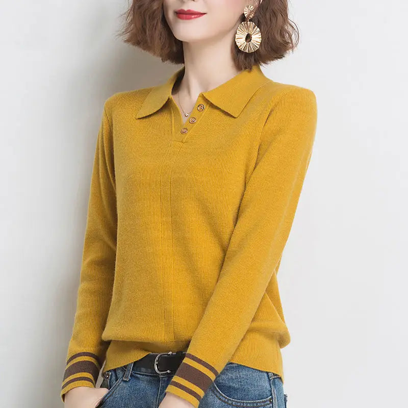 Autumn Winter New Striped Patchwork Knitted Sweaters Long Sleeve Polo Neck Loose Vintage Pullovers Fashion Office Women Clothing