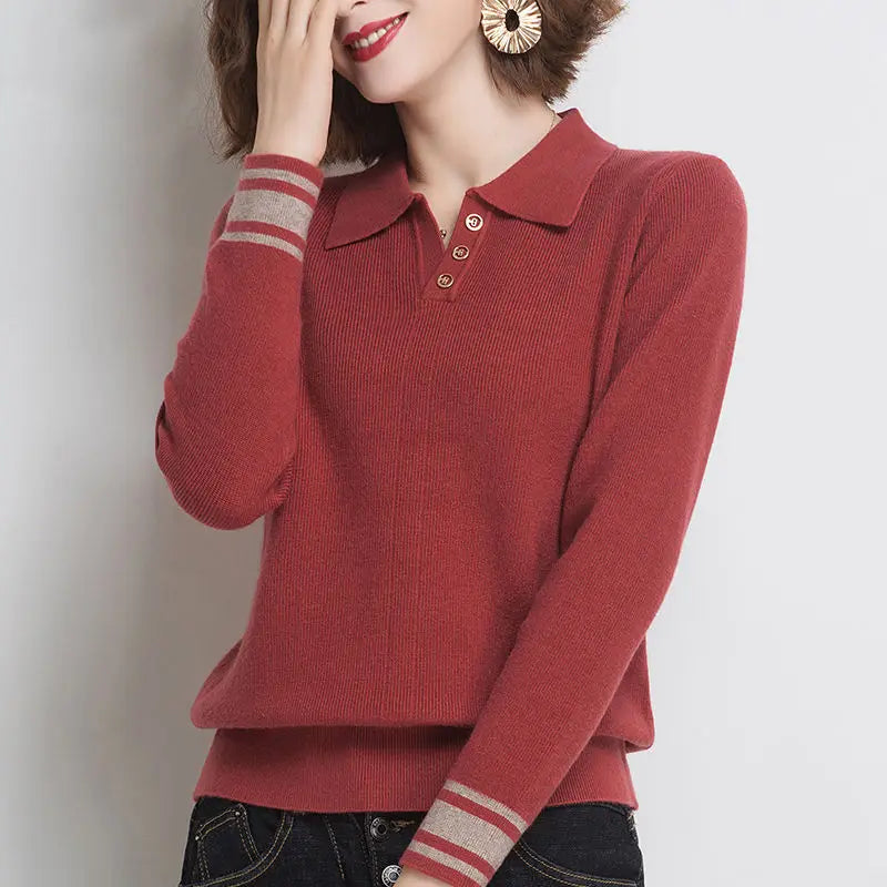 Autumn Winter New Striped Patchwork Knitted Sweaters Long Sleeve Polo Neck Loose Vintage Pullovers Fashion Office Women Clothing