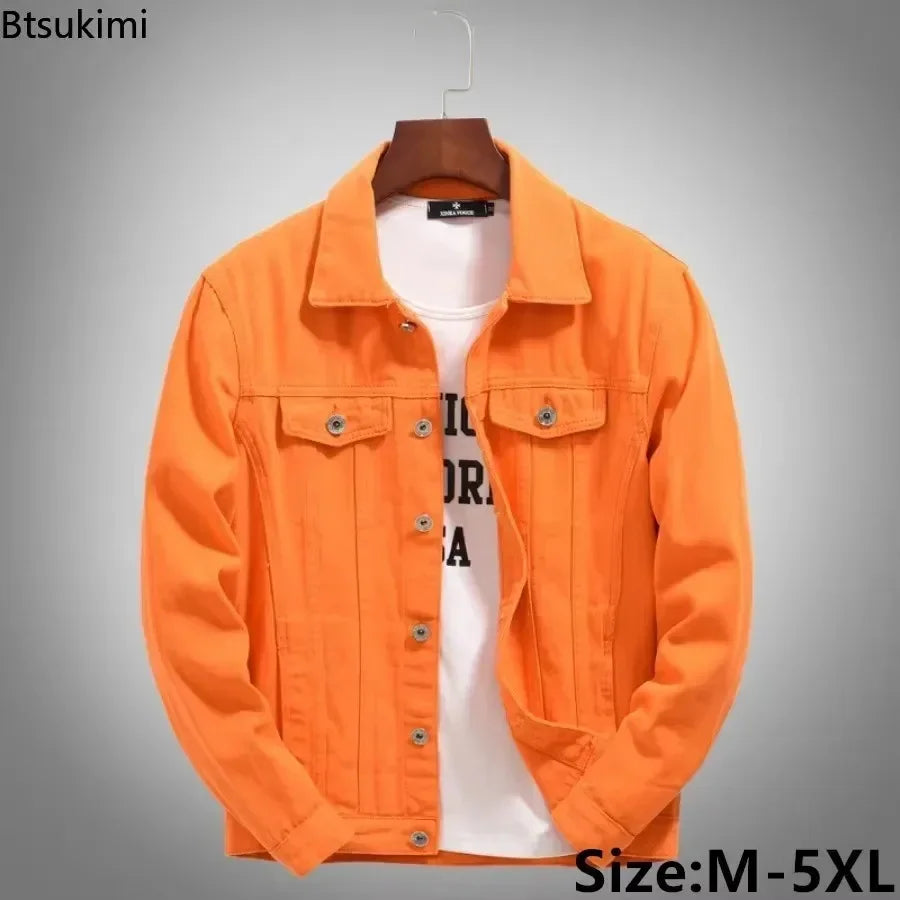 2025 Hot Sale Men's Casual Denim Jacket Korean Style Loose Cotton Handsome Tops Trend Orange Lapel Hip Hop Jean Jacket Plus Size
