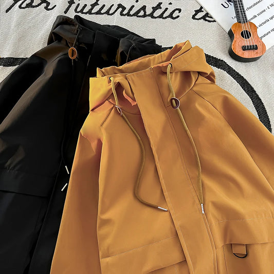Men's Outdoor Jacket Classic Solid Color Hooded Jacket Plus Size Loose Waterproof Windbreaker Casual Man Women Coat